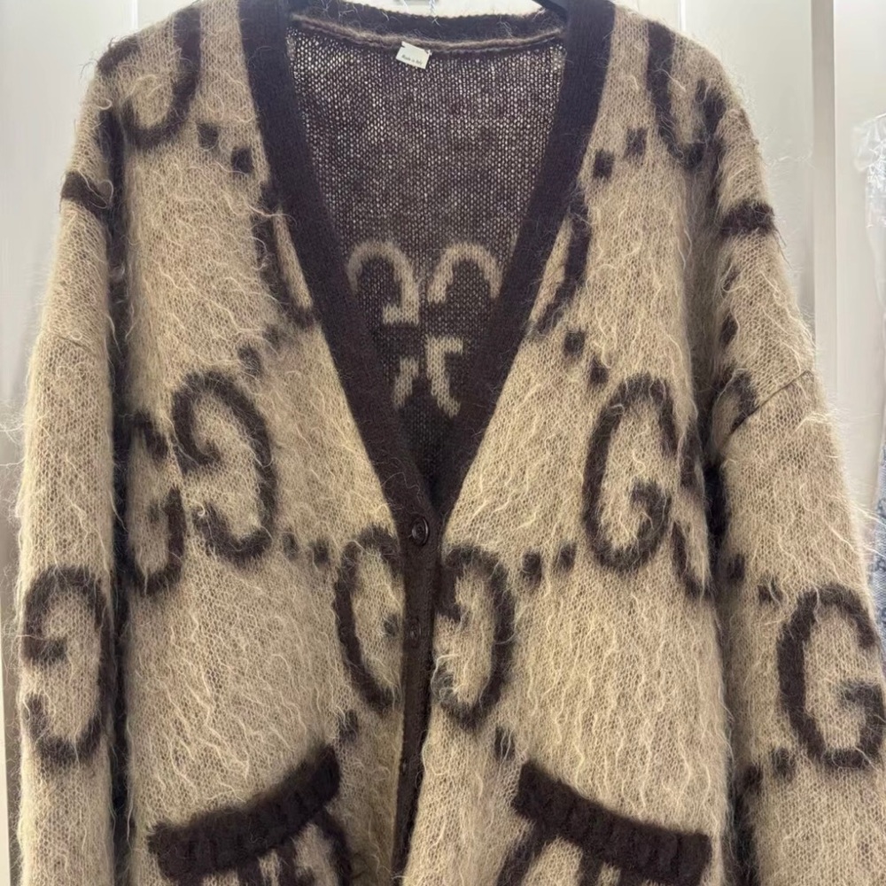 Gucci Beige and Brown GG Fuzzy Mohair Cardigan